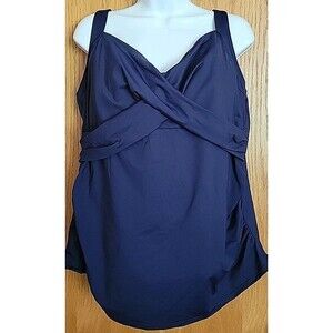 Swim Top Navy 18W Solid Wrap Front 1X Underwire Tummy Control Lands End S9